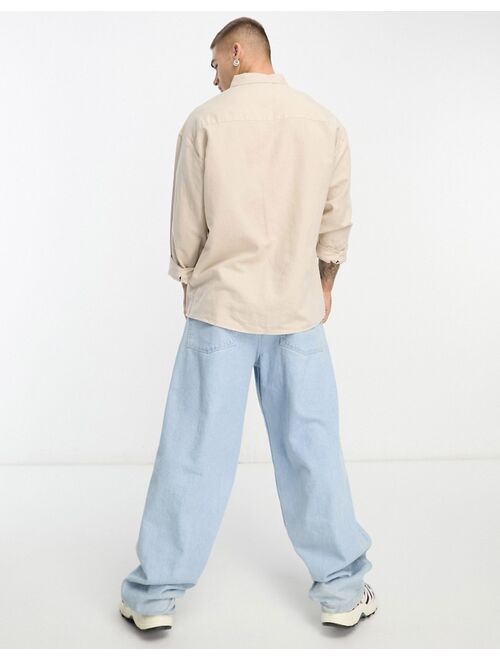 ASOS DESIGN oversized linen shirt with double pockets in stone