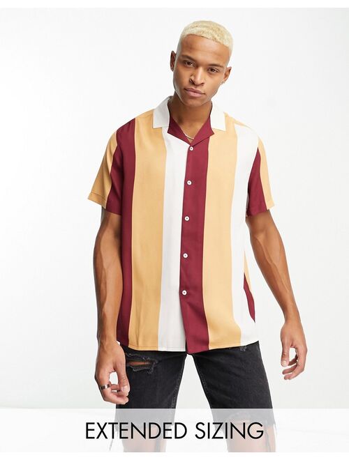 ASOS DESIGN relaxed camp collar retro stripe shirt in burgundy