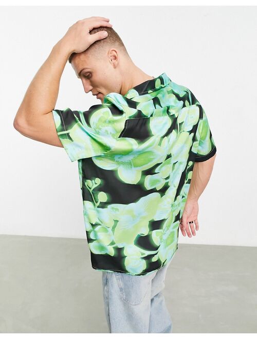 ASOS DESIGN relaxed deep revere satin shirt with green orchid floral print