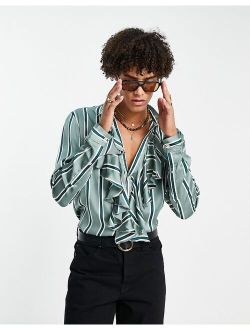 regular satin shirt with ruffle front detail in green stripe
