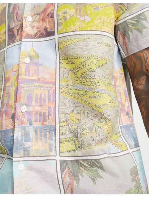ASOS DESIGN relaxed revere linen mix shirt in postcard print