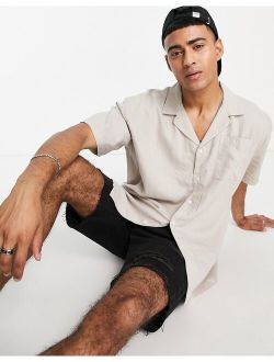 oversized short sleeve linen mix shirt in stone