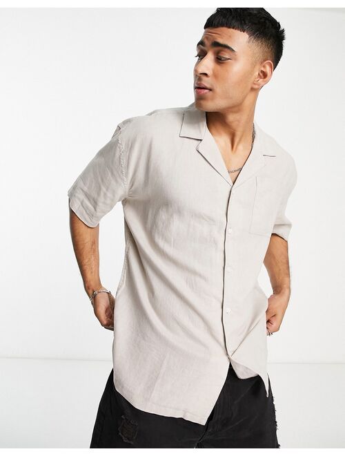 New Look oversized short sleeve linen mix shirt in stone