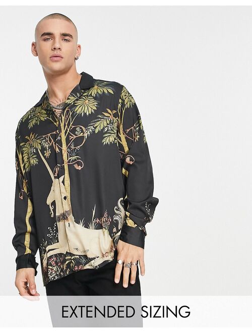 ASOS DESIGN relaxed revere satin shirt with unicorn placement print