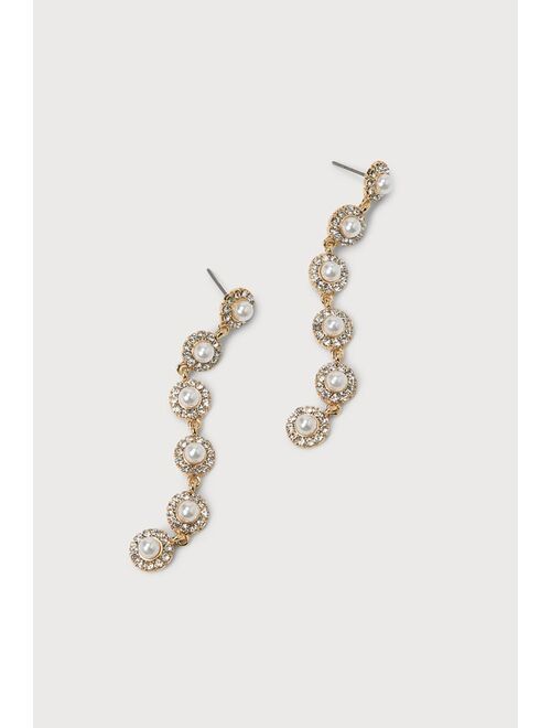 Lulus Dramatic Decadence 14KT Gold Rhinestone Pearl Duster Earrings