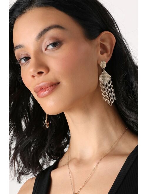Lulus Dazzling Dream Gold Textured Fringed Statement Earrings