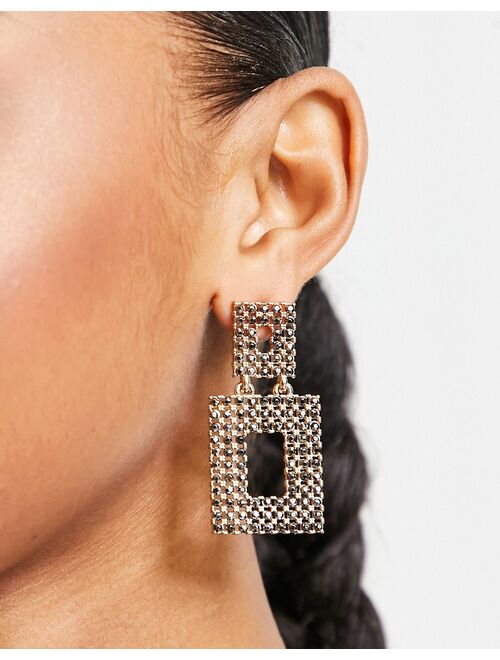 ASOS DESIGN drop earrings with double rectangle crystal design in gold tone