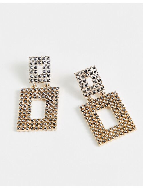 ASOS DESIGN drop earrings with double rectangle crystal design in gold tone