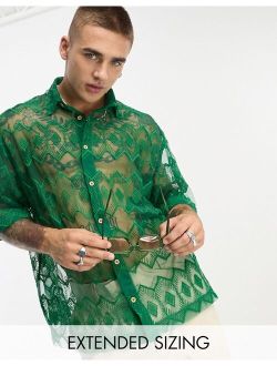 boxy oversized shirt with embroidered aztec print in green