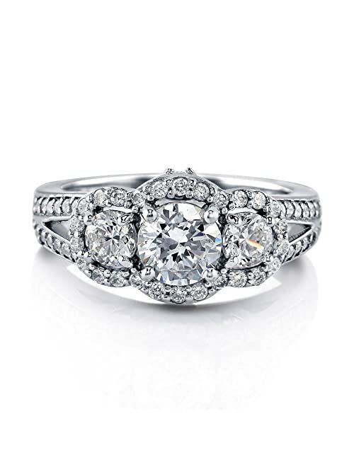 BERRICLE Sterling Silver 3-Stone Wedding Engagement Rings Round Cubic Zirconia CZ Anniversary Split Shank Ring for Women, Rhodium Plated Size 4-10