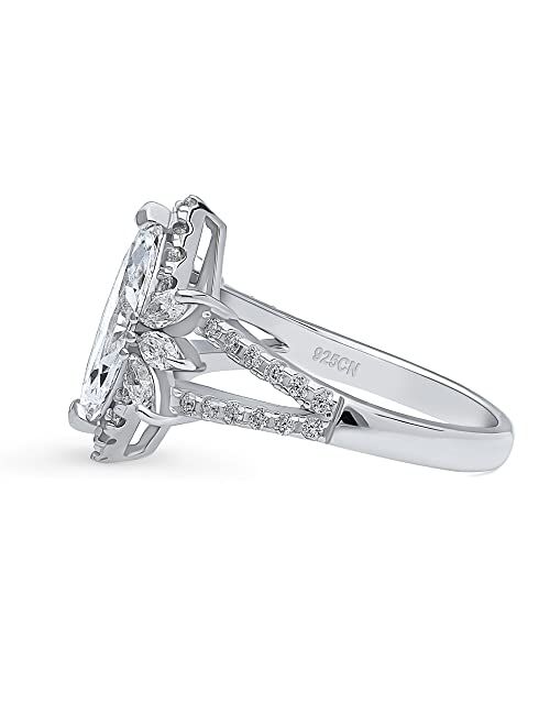 BERRICLE Sterling Silver Halo Wedding Engagement Rings Marquise Cut Cubic Zirconia CZ Flower Split Shank Ring for Women, Rhodium Plated Size 4-10
