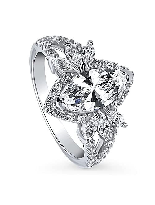 BERRICLE Sterling Silver Halo Wedding Engagement Rings Marquise Cut Cubic Zirconia CZ Flower Split Shank Ring for Women, Rhodium Plated Size 4-10