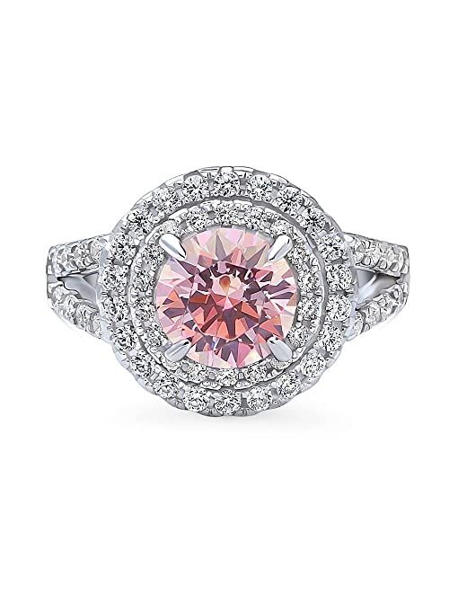 BERRICLE Sterling Silver Halo Morganite Color Round Cubic Zirconia CZ Statement Cocktail Fashion Split Shank Ring for Women, Rhodium Plated Size 4-10