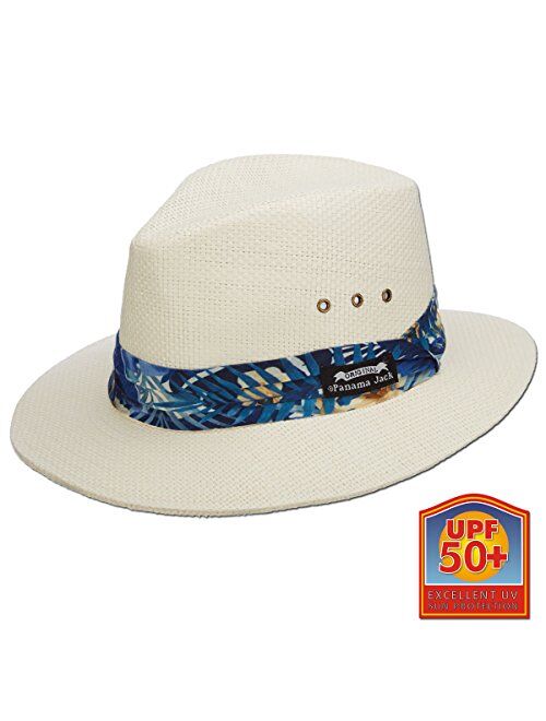 Panama Jack Woven Matte Toyo Safari Hat, UPF 50+ UVA/UVB Sun Protection, 2 1/2" Brim, Tropical Print Hat Band