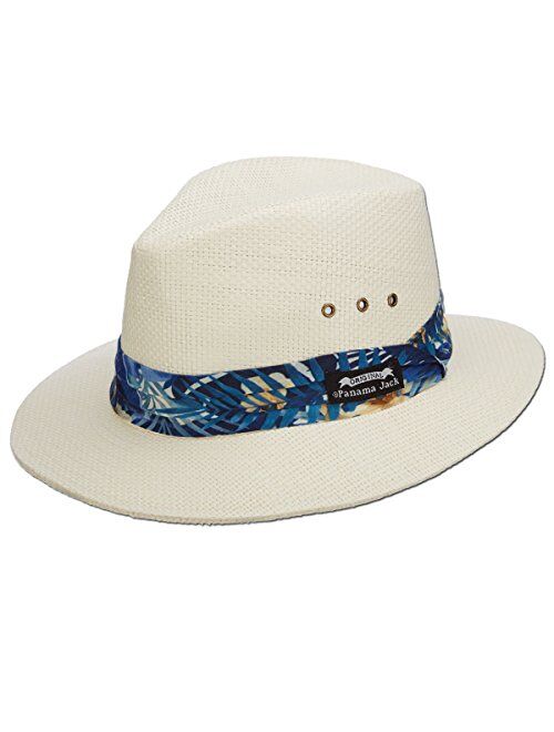 Panama Jack Woven Matte Toyo Safari Hat, UPF 50+ UVA/UVB Sun Protection, 2 1/2" Brim, Tropical Print Hat Band