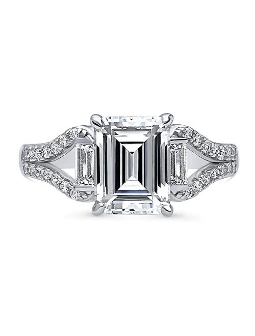 BERRICLE Sterling Silver Solitaire Wedding Engagement Rings 2.6 Carat Step Emerald Cut Cubic Zirconia CZ Split Shank Ring for Women, Rhodium Plated Size 4-10