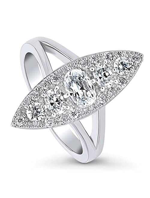 BERRICLE Sterling Silver 5-Stone Cubic Zirconia CZ Statement Navette Fashion Split Shank Ring for Women, Rhodium Plated Size 4-10