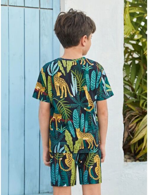 SHEIN Boys Tropical & Leopard Print Tee & Shorts