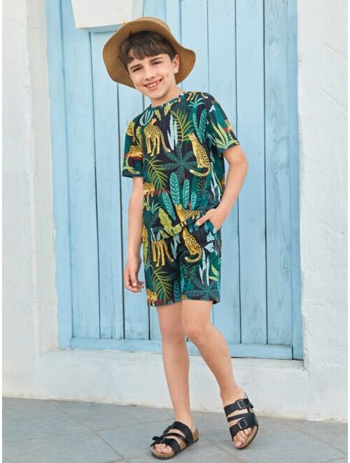 SHEIN Boys Tropical & Leopard Print Tee & Shorts