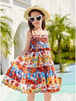 Girls Allover Floral Print Ruffle Trim Cami Dress