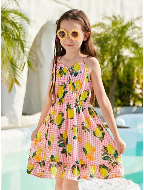 SHEIN Girls Lemon & Gingham Print Ruffle Hem Cami Dress