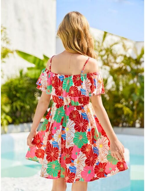 SHEIN Teen Girls Floral Print Cold Shoulder Ruffle Trim Dress