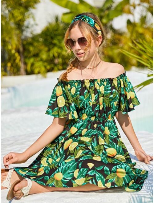 SHEIN Teen Girls Tropical Print Off Shoulder Ruffle Trim Dress With Hair Ring