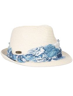 Women's Straw Fedora - Tropical Print Frayed Hat Band, Lightweight, Inner Sweatband, 1 3/4" Brim