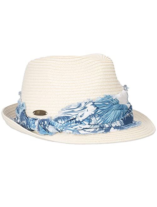 Panama Jack Women's Straw Fedora - Tropical Print Frayed Hat Band, Lightweight, Inner Sweatband, 1 3/4" Brim