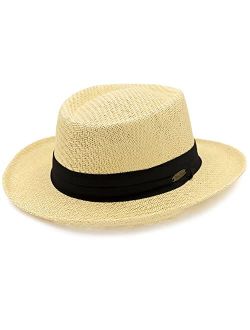 Gambler Straw Hat - Lightweight, 3" Big Brim, Inner Elastic Sweatband, 3-Pleat Ribbon Hat Band