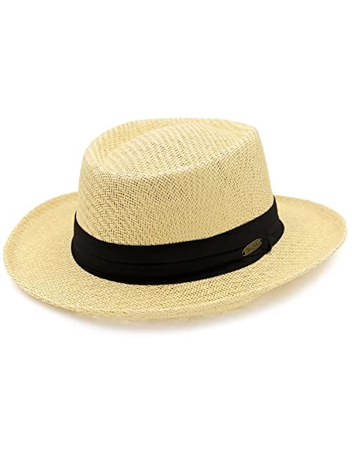 Panama Jack Gambler Straw Hat - Lightweight, 3" Big Brim, Inner Elastic Sweatband, 3-Pleat Ribbon Hat Band