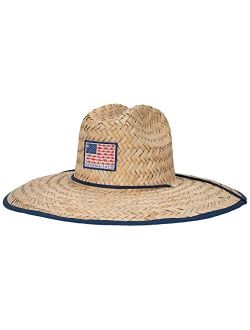 Straw Sun Hat - Fish Flag Lifeguard, Adjustable Chin Cord, Inner Elasticized Sweatband, 5 1/4" Big Brim