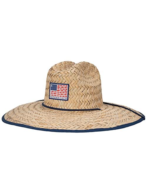 Panama Jack Straw Sun Hat - Fish Flag Lifeguard, Adjustable Chin Cord, Inner Elasticized Sweatband, 5 1/4" Big Brim