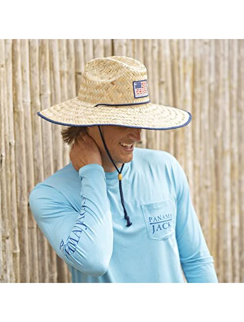 Panama Jack Straw Sun Hat - Fish Flag Lifeguard, Adjustable Chin Cord, Inner Elasticized Sweatband, 5 1/4" Big Brim