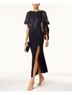 R & M RICHARDS Sequined Lace Cape Gown