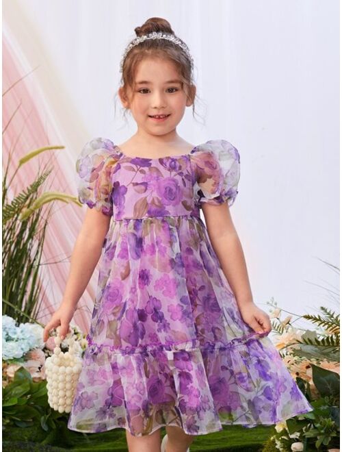 SHEIN Toddler Girls Floral Print Puff Sleeve Ruffle Hem Dress