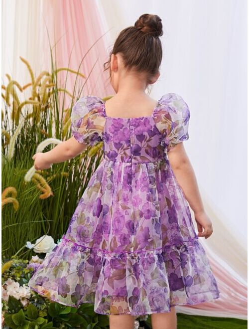 SHEIN Toddler Girls Floral Print Puff Sleeve Ruffle Hem Dress