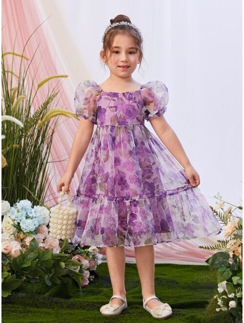 SHEIN Toddler Girls Floral Print Puff Sleeve Ruffle Hem Dress