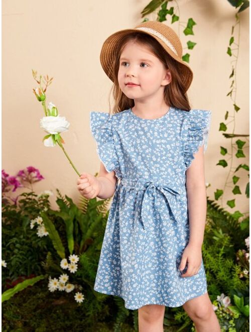 SHEIN Toddler Girls Ditsy Floral Ruffle Trim Belted Dress