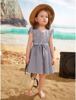 Toddler Girls Striped Butterfly Sleeve Belted Dress