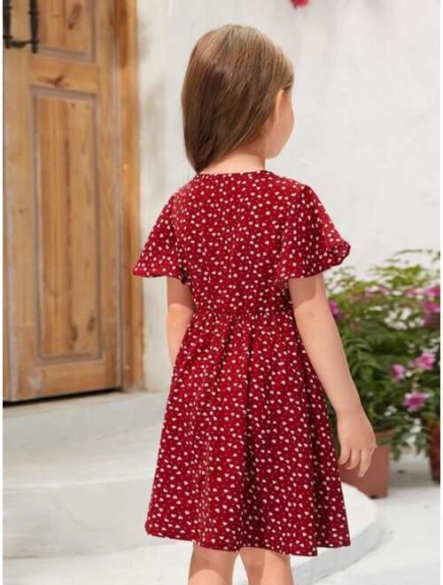 SHEIN Toddler Girls 1pc Confetti Heart Print Butterfly Sleeve Dress