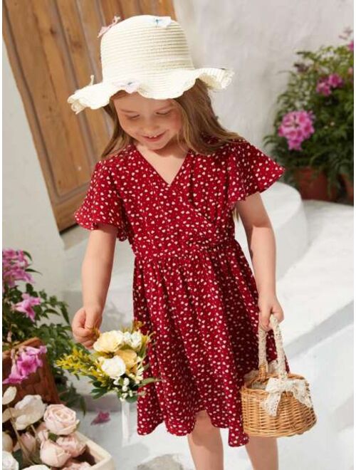 SHEIN Toddler Girls 1pc Confetti Heart Print Butterfly Sleeve Dress