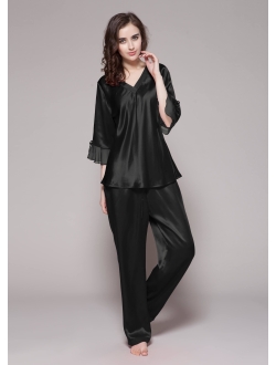 Women's 100% Real Silk Pajamas Set V Neck 3/4 Long Sleeve 22 Momme Mulberry Silk Sleepwear