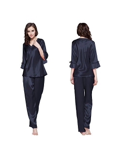 Women's 100% Real Silk Pajamas Set V Neck 3/4 Long Sleeve 22 Momme Mulberry Silk Sleepwear