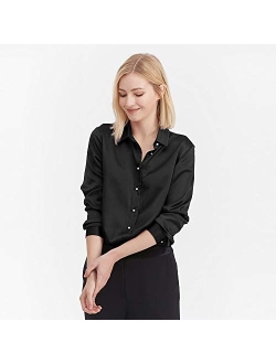 Silk Shirts for Women Basic Formal Office Vintage Long Sleeve Pearl Button Down Silk Blouse Tops for Ladies