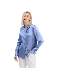 Silk Shirts for Women Basic Formal Office Vintage Long Sleeve Pearl Button Down Silk Blouse Tops for Ladies