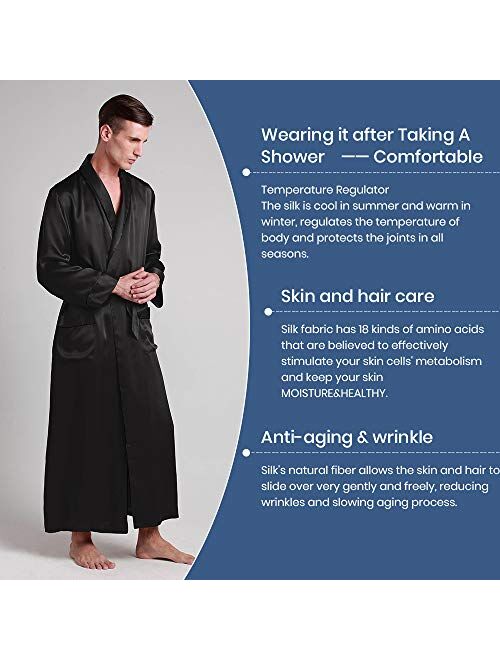 LilySilk Mens Real Silk Robe 22 Momme Bath Robes Luxury Contrast Full Length 100 Silk Male Long