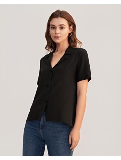 Silk Shirts for Womens Sexy V Neck Half-Sleeve Notch Button Front Casual Longer Back