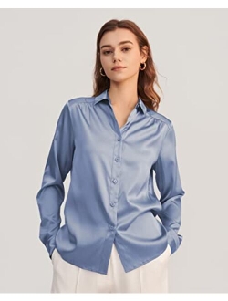 Silk Blouse Shirts Womens Long Sleeves Collared 19MM Natural Silk Charmeuse Office Wear Basic Simple Tops