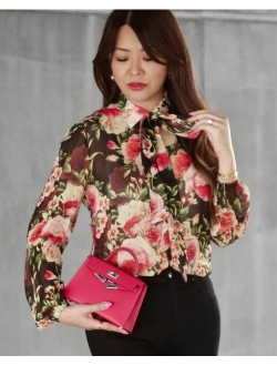 X MIM Women's Floral 2 in 1 Silk Blouse Long Sleeve 100% Silk Shirt Tops for Ladies